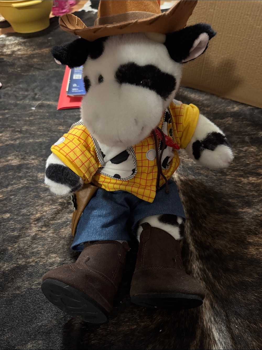 Build-A-Bear Black & White Cow in Yellow Cowboy Outfit